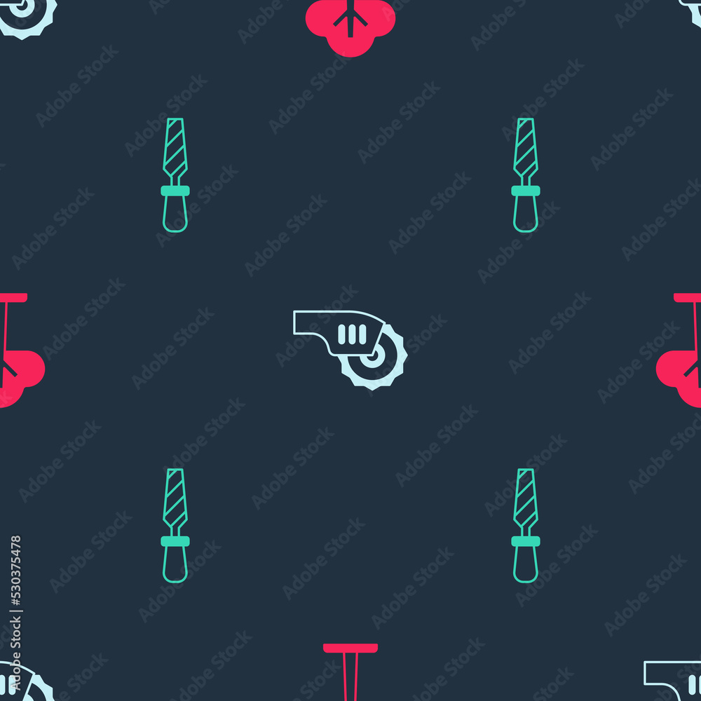 Poster set tree, electric circular saw and rasp metal file on seamless pattern. vector