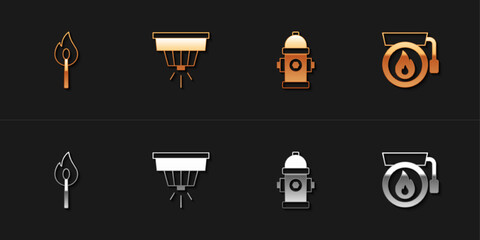 Set Burning match with fire, Smoke alarm system, Fire hydrant and Ringing bell icon. Vector