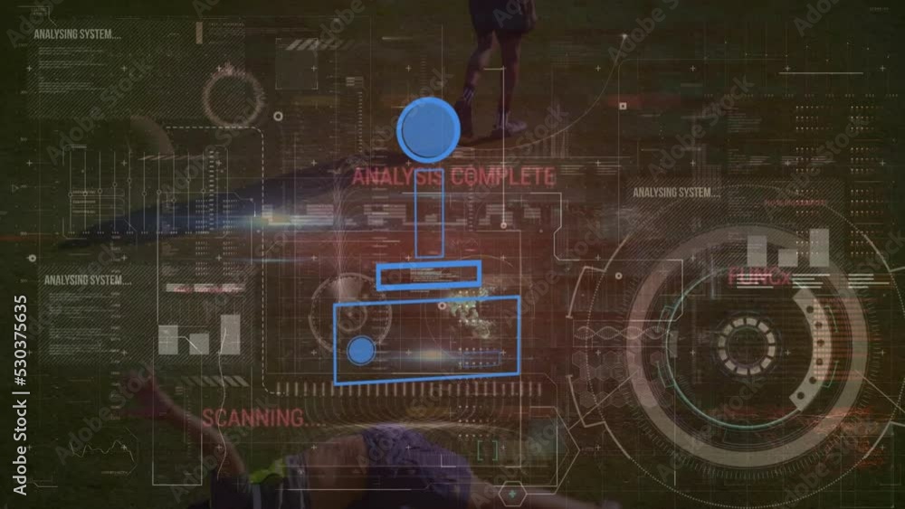 Aufkleber animation of blue game controller with infographic interface over player doing cartwheel on ground