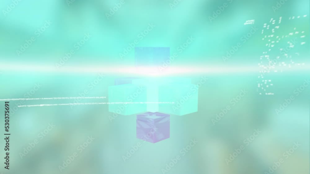 Poster animation of floating programming language with lens flare over puzzle cubes
