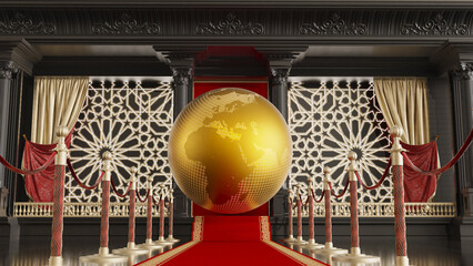 3d render of red carpet with barrieres leading to a golden globe