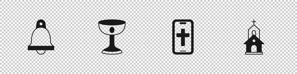 Set Church bell, Christian chalice, cross on phone and building icon. Vector