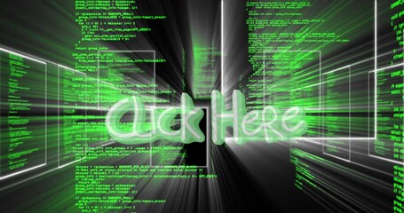 Animation of click here text banner over screens with data processing black background - Powered by Adobe