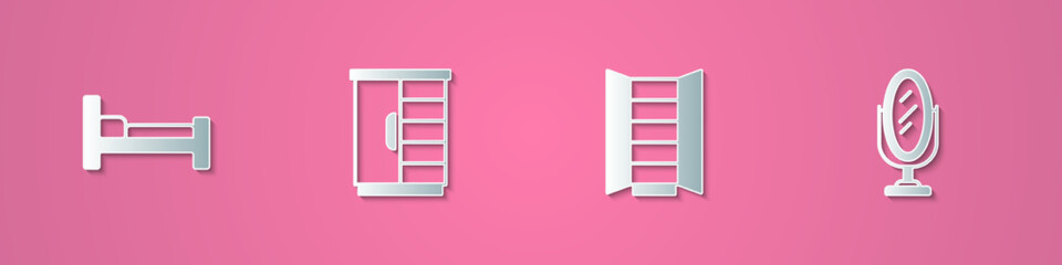 Set paper cut Bed, Wardrobe, and Mirror icon. Paper art style. Vector