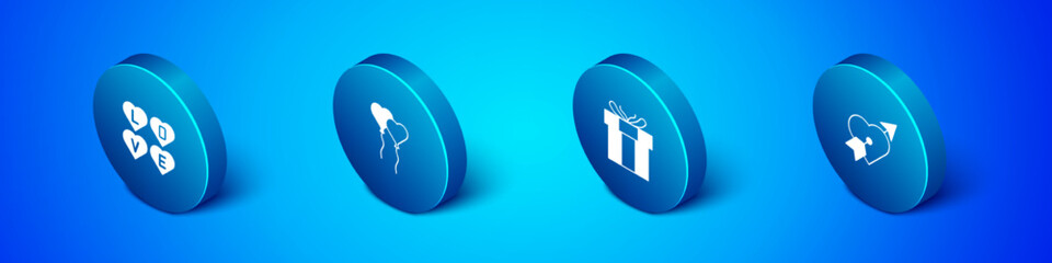Set Isometric Love text, Gift box, Amour with heart and arrow and Balloons in form of icon. Vector