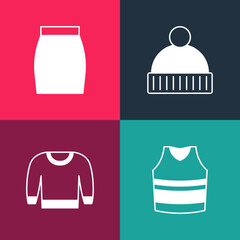 Set pop art Undershirt, Sweater, Beanie hat and Skirt icon. Vector