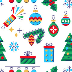 Merry Christmas and Happy New Year seamless pattern. Holiday winter seasonal objects.