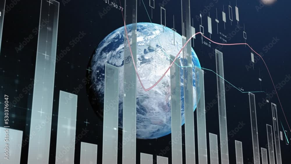 Poster animation of moving multiple graphs and numbers with lens flare over rotating globe