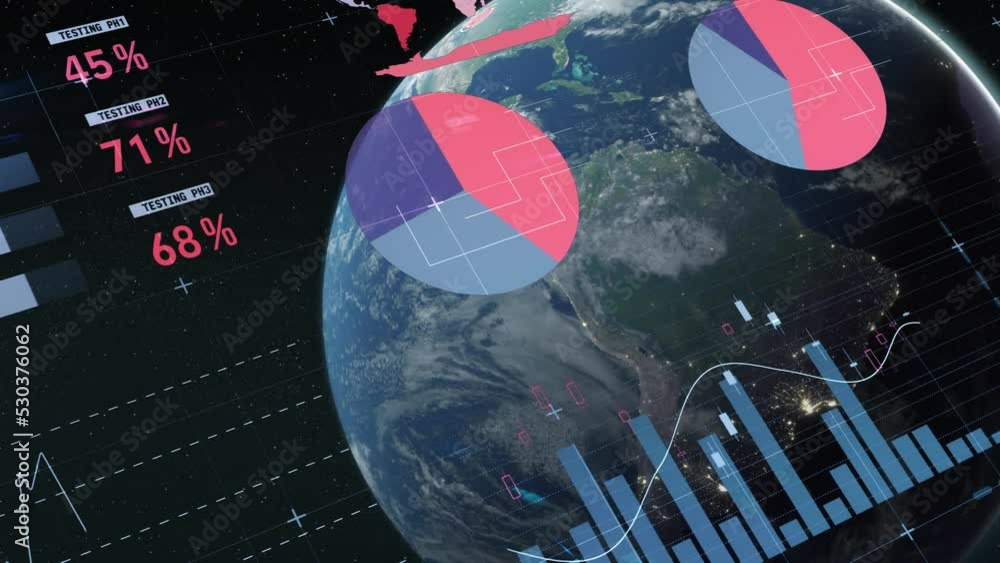 Poster animation of hud interface with multicolored pie chart, map and trading board over rotating globe