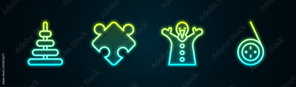 Wall mural Set line Pyramid toy, Puzzle pieces, Toy puppet doll on hand and Yoyo. Glowing neon icon. Vector