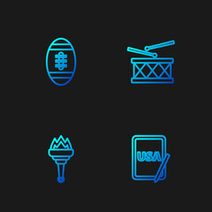 Set line USA on graphic tablet, Torch flame, American Football ball and Drum and drum sticks. Gradient color icons. Vector