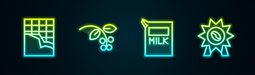 Set line Chocolate bar, Coffee bean, branch, Paper package for milk and Medal coffee. Glowing neon icon. Vector