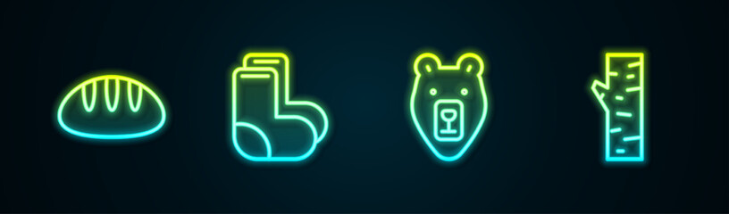 Set line Bread loaf, Valenki, Bear head and Birch tree. Glowing neon icon. Vector