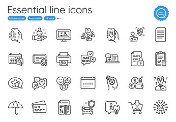 Print image, Car secure and 5g technology line icons. Collection of Lamp, Accounting checklist, Online video icons. Umbrella, Lock, Document web elements. Thoughts, Teamwork question. Vector