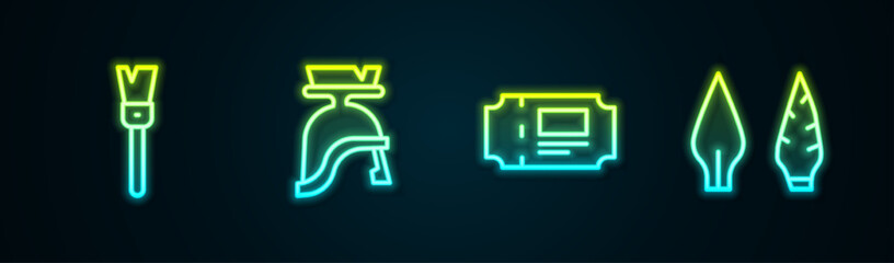 Set line Paint brush, Roman army helmet, Museum ticket and Stone age arrow head. Glowing neon icon. Vector