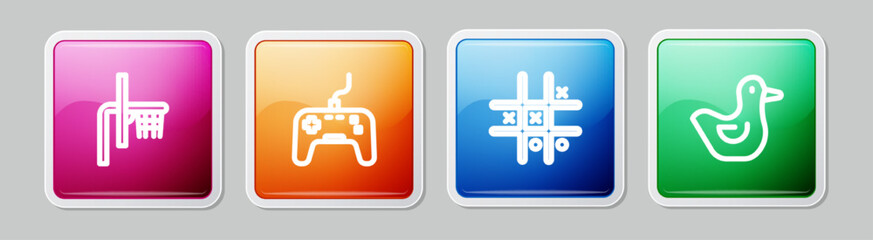 Set line Basketball backboard, Gamepad, Tic tac toe game and Rubber duck. Colorful square button. Vector