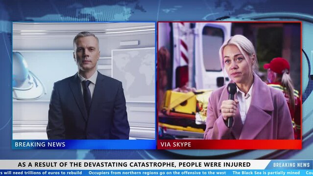 Male TV presenter in live news TV program talking with female reporter on split screen about the consequences of massive disaster and injured people