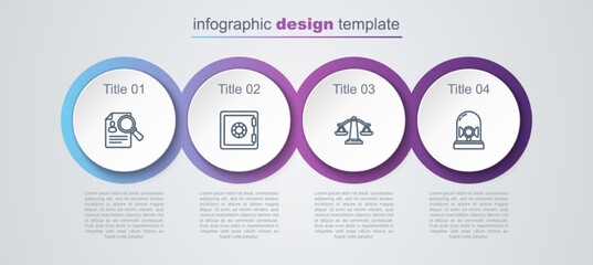 Set line Paper analysis magnifying, Safe, Scales of justice and Flasher siren. Business infographic template. Vector