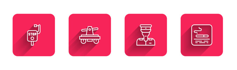 Set line Emergency brake, Draisine or handcar, Train conductor and Smoking area with long shadow. Red square button. Vector