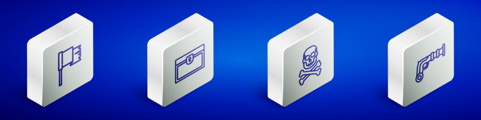 Set Isometric line Pirate flag, Antique treasure chest, Skull on crossbones and Vintage pistols icon. Vector