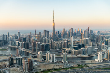 Fototapeta na wymiar Aerial sunset view of Dubai city skyscrapers UAE