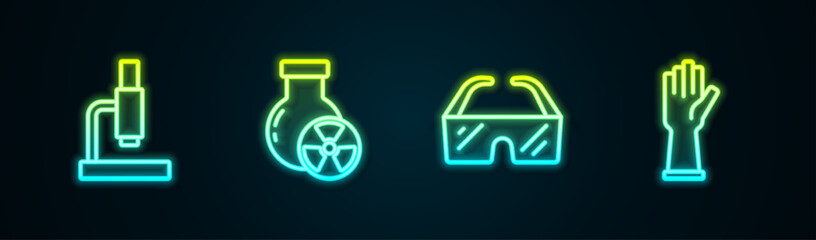 Set line Microscope, Test tube radiation, Safety goggle glasses and Medical rubber gloves. Glowing neon icon. Vector