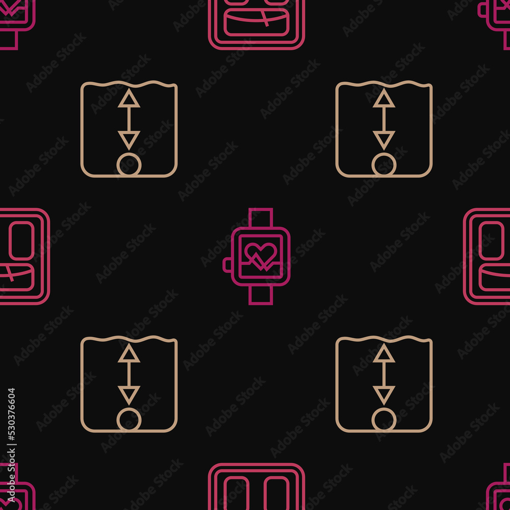 Poster set line bathroom scales, depth measurement and smart watch on seamless pattern. vector