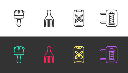 Set line Shaving brush, Barrette, Barber online service or platform and shop pole on black and white. Vector