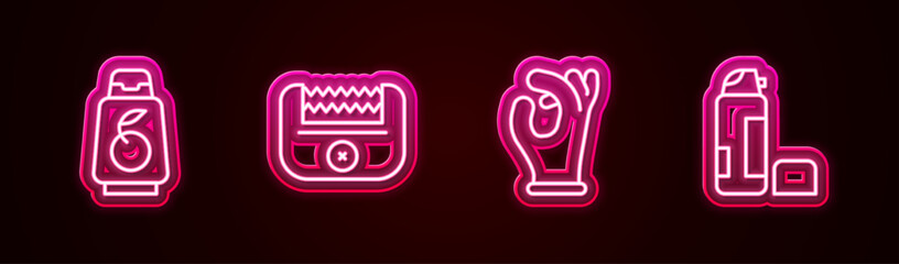 Set line Bottle of shampoo, Electrical hair clipper, Medical rubber gloves and Shaving gel foam. Glowing neon icon. Vector