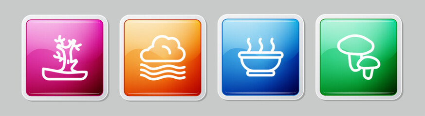 Set line Bare tree, Windy weather, Bowl of hot soup and Mushroom. Colorful square button. Vector
