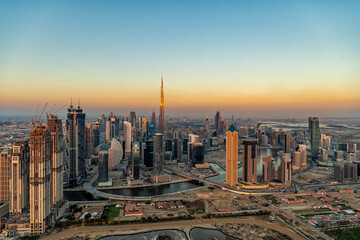 Aerial sunset of Dubai commercial buildings Business Bay