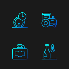 Set line Wine temperature, Cardboard box of wine, Wooden barrel for and Tractor. Gradient color icons. Vector