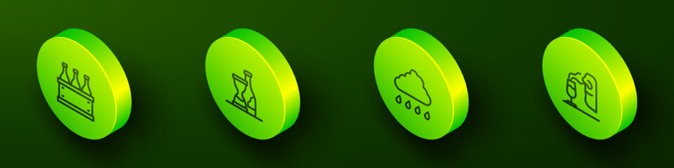 Set Isometric line Bottles of wine in box, , Cloud with rain and Sommelier icon. Vector