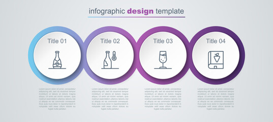 Set line Champagne bottle, Wine temperature, glass and Book about grapes. Business infographic template. Vector