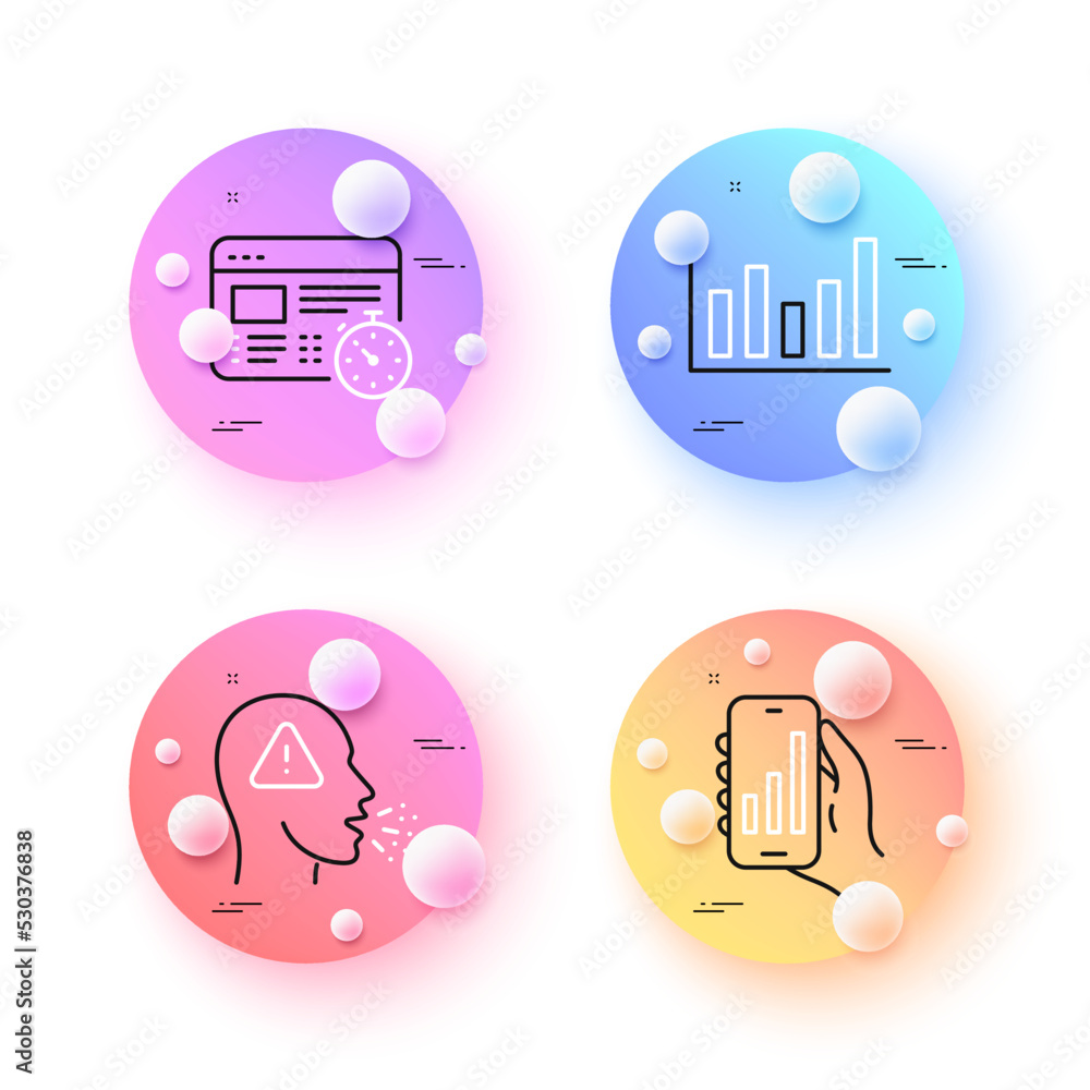 Aufkleber web timer, column chart and cough minimal line icons. 3d spheres or balls buttons. analysis app icon