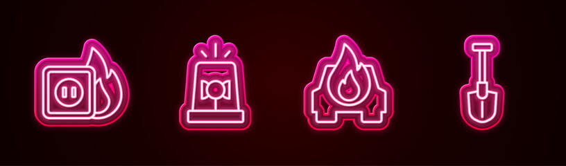 Set line Electric wiring of socket in fire, Flasher siren, Burning car and Fire shovel. Glowing neon icon. Vector