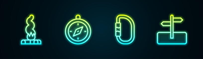 Set line Campfire, Compass, Carabiner and Road traffic sign. Glowing neon icon. Vector