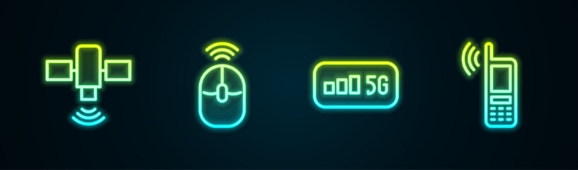 Set line Satellite, Wireless computer mouse, 5G wireless internet and Mobile with wi-fi. Glowing neon icon. Vector