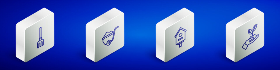 Set Isometric line Garden rake, Wheelbarrow with dirt, Bird house and Plant in hand of environmental icon. Vector
