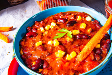 chili con carne with sweet potato and spicy nachos