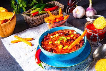 chili con carne with sweet potato and spicy nachos