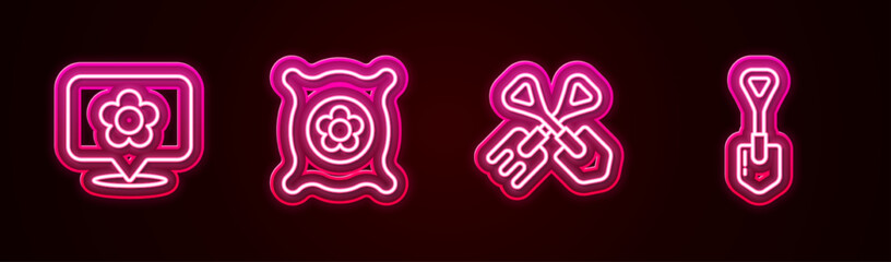 Set line Location with flower, Pack full of seeds of plant, Shovel and rake and . Glowing neon icon. Vector
