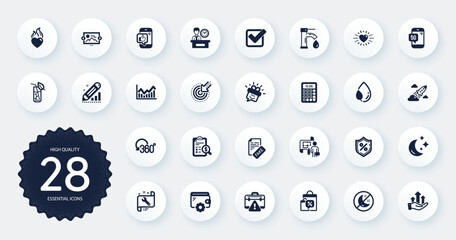 Set of Business icons, such as Presentation time, Loan percent and Sale bags flat icons. Wallet, Image carousel, Water glass web elements. Spanner, Leaf dew, Fake news signs. Moon. Vector