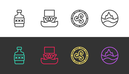 Set line Whiskey bottle, Viking ship Drakkar, Shield viking and Sea and waves on black and white. Vector