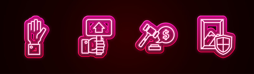 Set line Hand holding auction, paddle, Auction hammer price and painting. Glowing neon icon. Vector