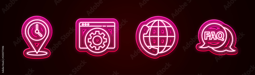 Aufkleber set line location with clock, browser setting, telephone 24 hours support and speech bubble faq. glo