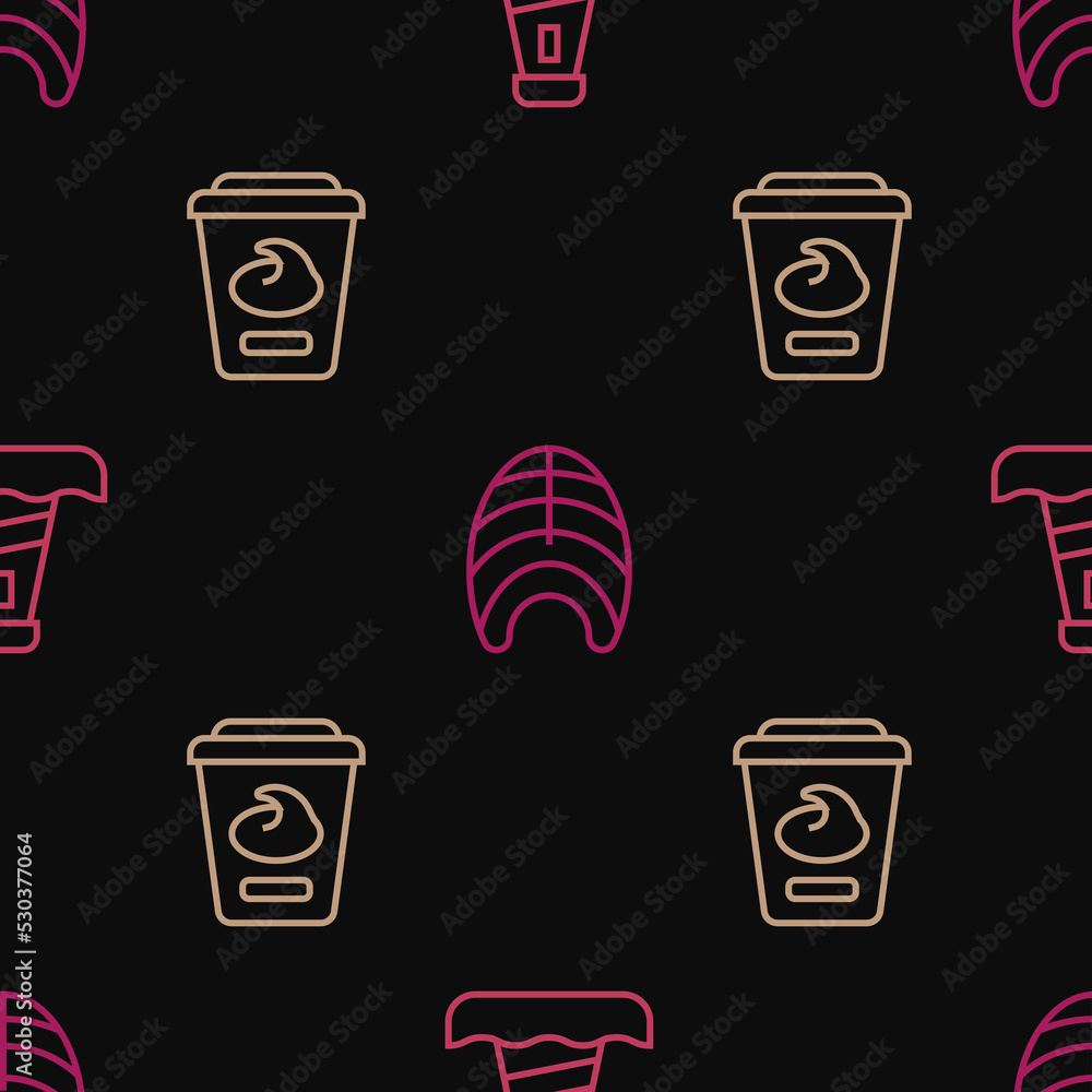 Poster Set line Lighthouse, Yogurt container and Fish steak on seamless pattern. Vector