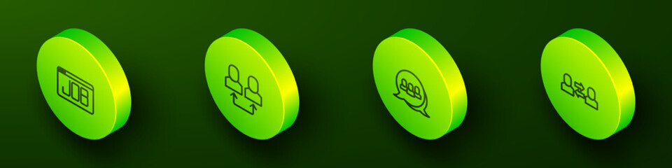 Set Isometric line Search job, Exchange work, Project team base and icon. Vector