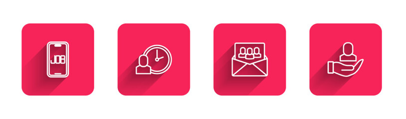 Set line Search job, Work time, Project team base and Worker with long shadow. Red square button. Vector