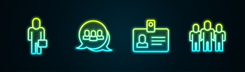 Set line Businessman, Project team base, Identification badge and . Glowing neon icon. Vector
